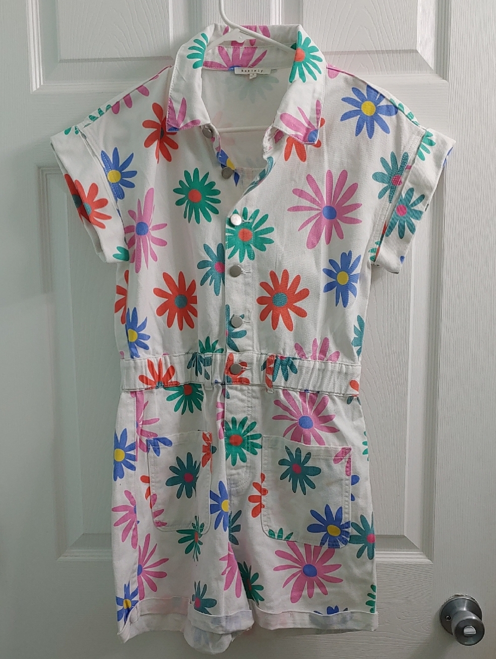 Baevely Floral Denim Romper White Retro Daisies Women's Size S
